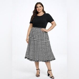 SHEIN Black White Houndstooth A-Line Skirt Fringe Hem Stretch Size 2XL